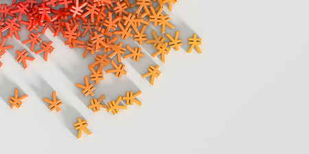 Infinite yen symbols on a plane, 3d illustration with horizontal banner format, isolated on whiteの写真素材