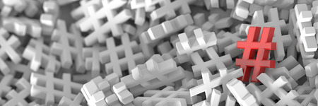 Infinite hashtags on a plane, original 3d rendering illustration. With one icon distinct and out from the crowd.の写真素材