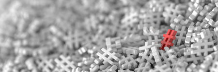 Infinite hashtags on a plane, original 3d rendering illustration. With one icon distinct and out from the crowd.の写真素材