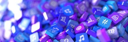 Social media icons 3d rendering, horizontal banner sizeの写真素材