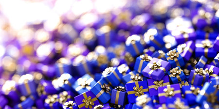 Gift boxes horizontal 3d rendering background, Christmas and celebration themeの写真素材