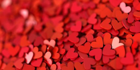 Infinite hearts background: love, passion and Valentine Day theme. 3d rendering, horizontal banner sizeの写真素材