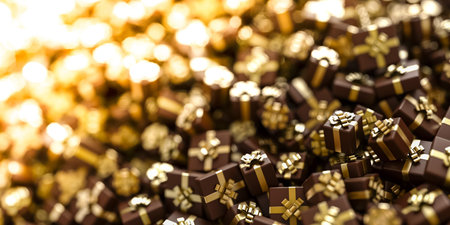 Gift boxes horizontal 3d rendering background, made with brown chocolate. Christmas and celebration...