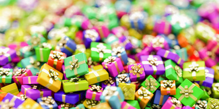 Gift boxes horizontal 3d rendering background, Christmas and celebration themeの写真素材