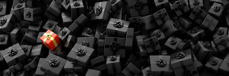 Gift boxes horizontal 3d rendering background, Christmas and celebration theme