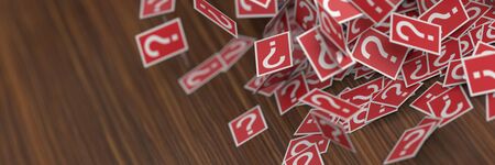 Many question marks red cards on a wooden plane, 3d renderingの写真素材