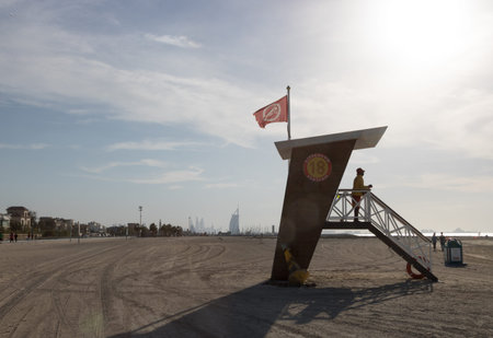 DUBAI - CIRCA JANUARY 2017: Jumeirah beach with the baywatch lifeguard stationのeditorial素材