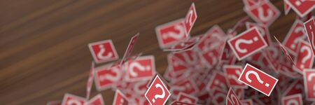 Many question marks red cards on a wooden plane, 3d renderingの写真素材