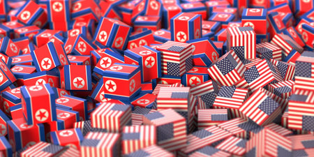 North Korea and United States political conflict, original 3d rendering conceptual illustration,...