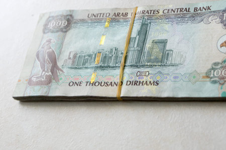 UAE one thousand Dirhams banknotes isolated on a bright background