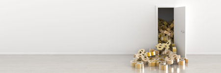 infinite dollar signs getting out of a door, original 3d rendering.の写真素材