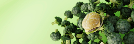 Fast food hamburgers versus healthy vegetables, ultra realistic 3d rendering. Copy space horizontal background.の写真素材