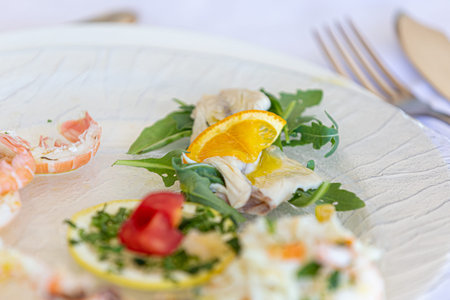 Elegant restaurant serving sea food and salad specialtyの写真素材