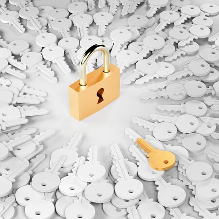 One padlock with infinite keys, metaphor of problems, solutions  and risk management; original 3d renderingの写真素材