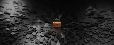 One padlock with infinite keys, metaphor of problems, solutions  and risk management; original 3d renderingの写真素材