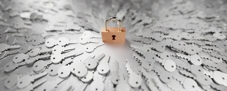 One padlock with infinite keys, metaphor of problems, solutions  and risk management; original 3d renderingの写真素材