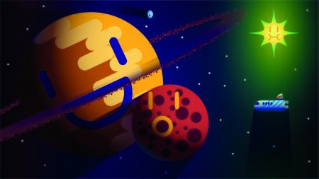 Planets with faces and space shuttle, for kids, illustration.のイラスト素材