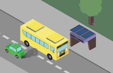 Eco-friendly bus, a bus stop, a car Isometric. An electric bus stop with solar panelsのイラスト素材