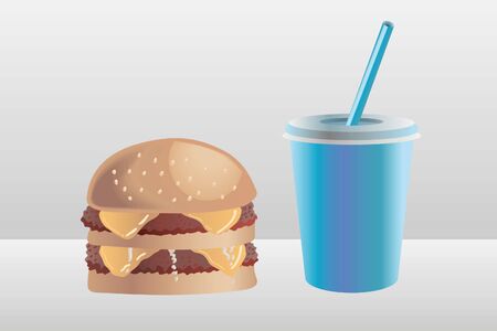 Burger, two beef patties, with a soda cup illustration.のイラスト素材