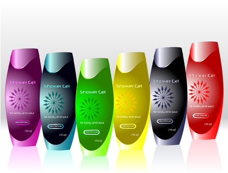 Colorfull bottles with sample labels for shower gel or shampoo のイラスト素材