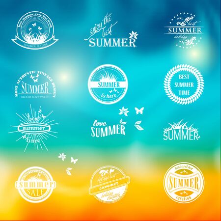 Vintage summer holidays typography design with labels logo, icons elements collection, vector backgroundのイラスト素材