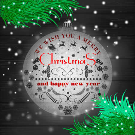 Christmas vintage greeting card with holidays lettering typography  on a wood background with christmas tree backgroundのイラスト素材