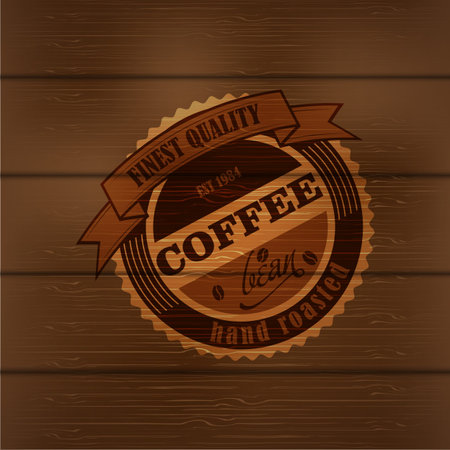 Coffee emblem retro design template on wood backrgroundのイラスト素材