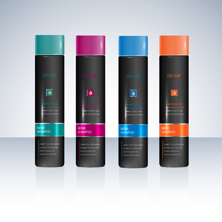 Bottles with sample labels for shower gel or shampoo  cosmetic package design templateのイラスト素材