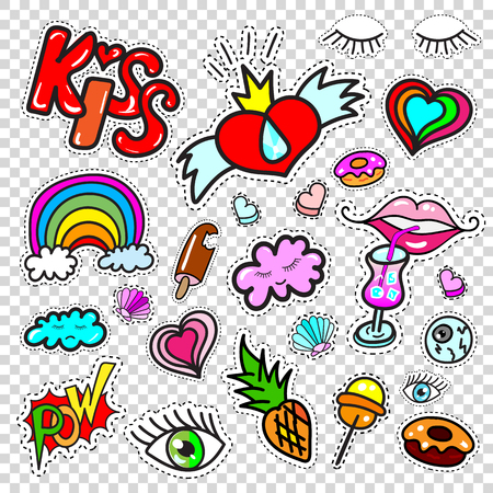 Set of Fashion patch badges, stickers kit, pins  in cartoon funny comic style.のイラスト素材