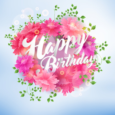 Happy Birthday Lettering Seasonal Postcard Design with Blooming Flowers and leafのイラスト素材