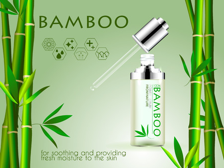 Skin serum toner template, glass droplet bottle with bamboo background 3D illustrationのイラスト素材