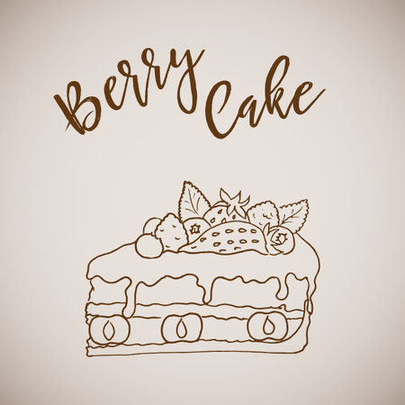 Hand drawn painted berry cake, dessert sketch art, retro style card