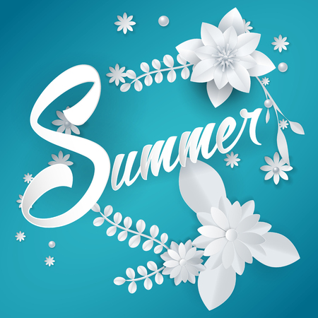 Summer sale lettering with paper art flowersのイラスト素材