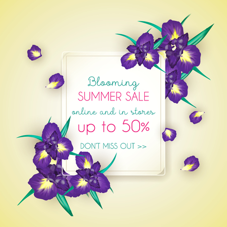 Summer sale background with iris flowers and letteringのイラスト素材