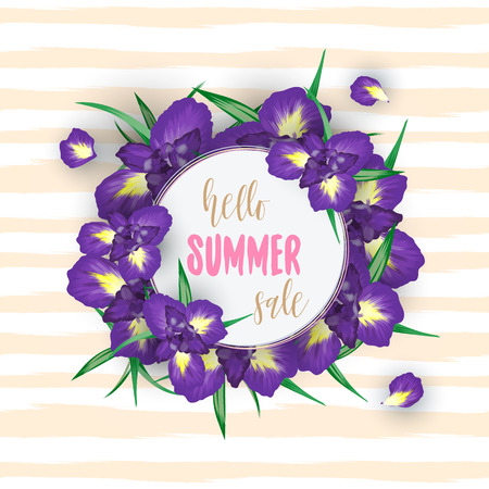Hello Summer sale background with iris flowers and letteringのイラスト素材