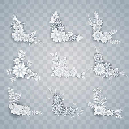 set of white paper flowers and leavesのイラスト素材