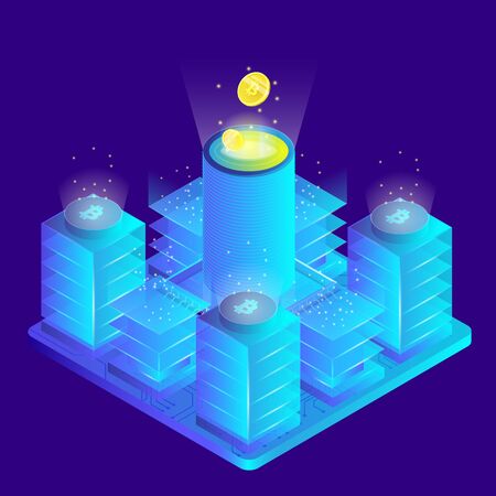 Isometric 3d currency mining and earning, blockchain, bitcoin server roomのイラスト素材