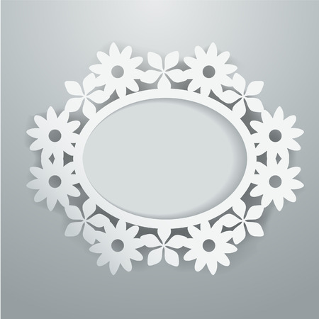 A illustration of a white paper cut floral oval frame on a gray background.のイラスト素材