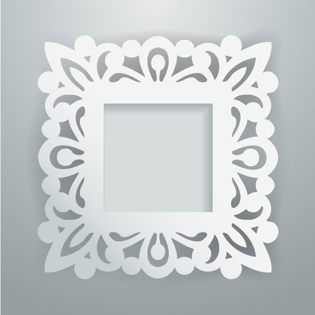 A illustration of a white paper cut vintage lace ornate square frame on gray background.のイラスト素材