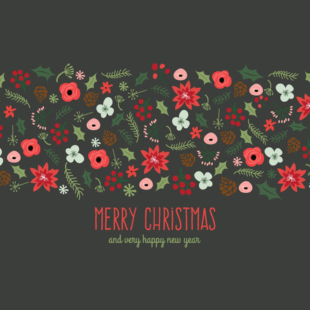 A illustration of a vintage hand drawn Christmas botanical foliage scatter in a strip with copy text area.のイラスト素材