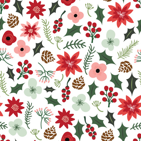 A illustration of vintage hand drawn Christmas botanical foliage flowers seamless pattern background.のイラスト素材