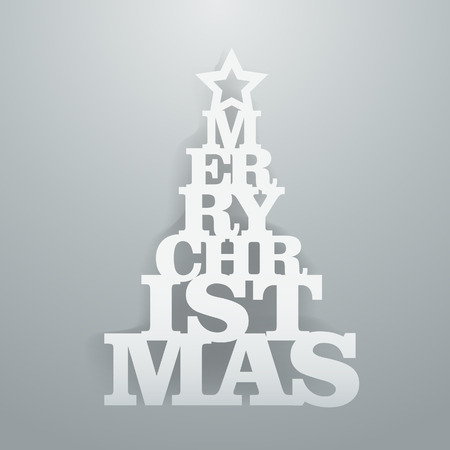A illustration of a white paper cut merry Christmas phrase tree on a gray background.のイラスト素材