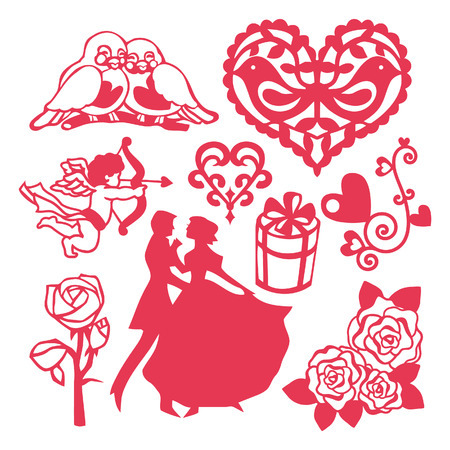 A illustration set of all about love theme design elements. Consists of nine different design elements like love birds, cupid, roses, hearts and more.のイラスト素材