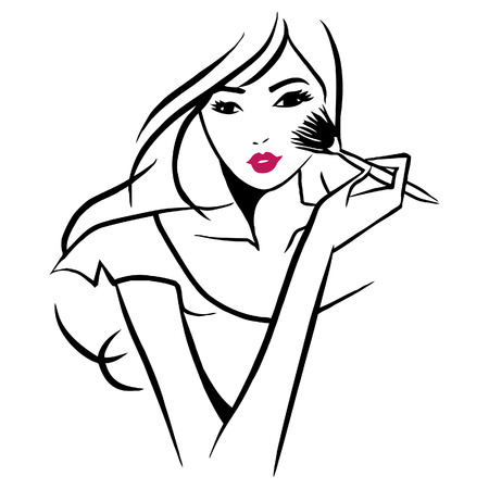 A  ink line art style illustration of a beautiful girl applying makeup on her face.のイラスト素材