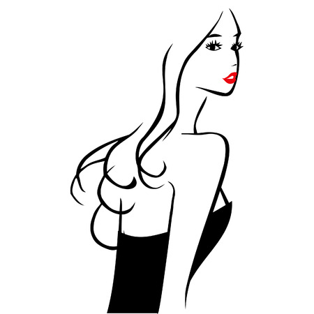 A  ink line art style illustration of beautiful girl from the back.のイラスト素材