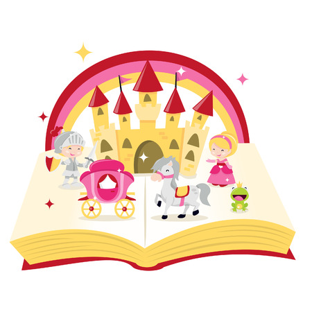 A cartoon illustration of fairy tale story book filled with castle, knight, princess and carriages.のイラスト素材