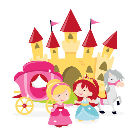 A cartoon illustration of cute and happy princesses and their castle with horse drawn carriage.のイラスト素材