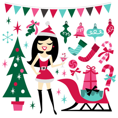A illustration of 1960s retro inspired cute hawaiian luau party design elements set. Included in this set:- santarina girl, christmas tree, christmas ornaments, gifts, sleigh, candy cane, christmas stockings, mistletoe and more. のイラスト素材