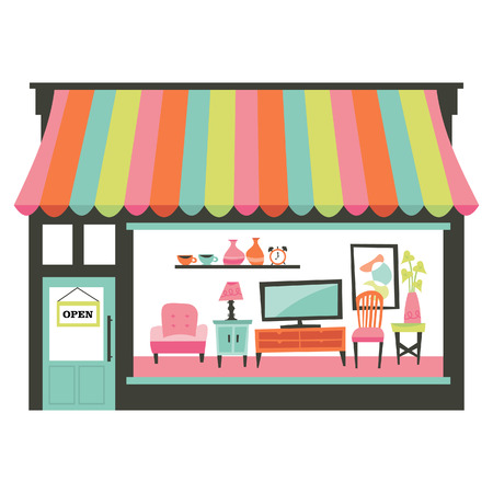 A chic illustration of a home living furniture shopfront with a large window display showcasing various furniture such as armchair, table, entertainment unit and more.のイラスト素材