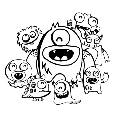 A illustration of a group of happy silly cute monsters group in n line art doodle/scribble drawing style. のイラスト素材